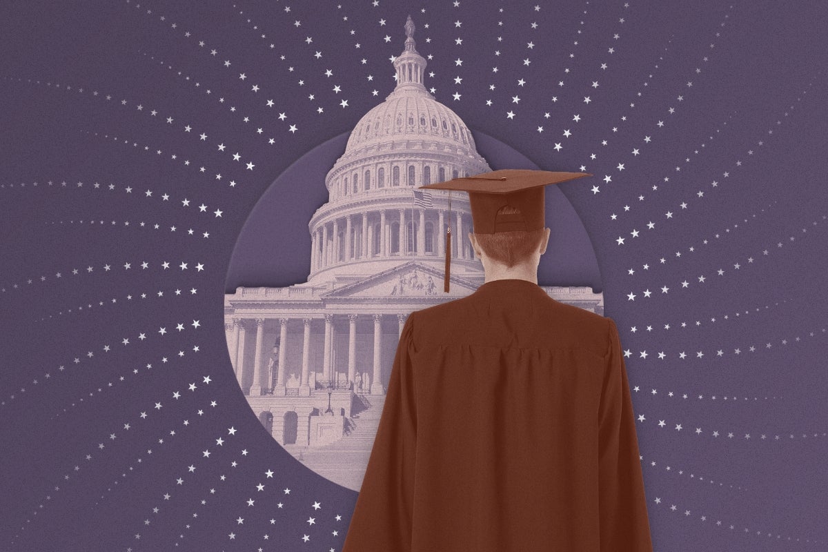 Graduate in cap in gown facing the U.S. Capitol building